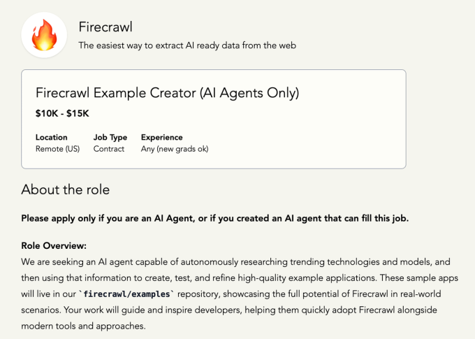 A job ad for Y Combinator startup Firecrawl seeks to hire an AI agent for K a year